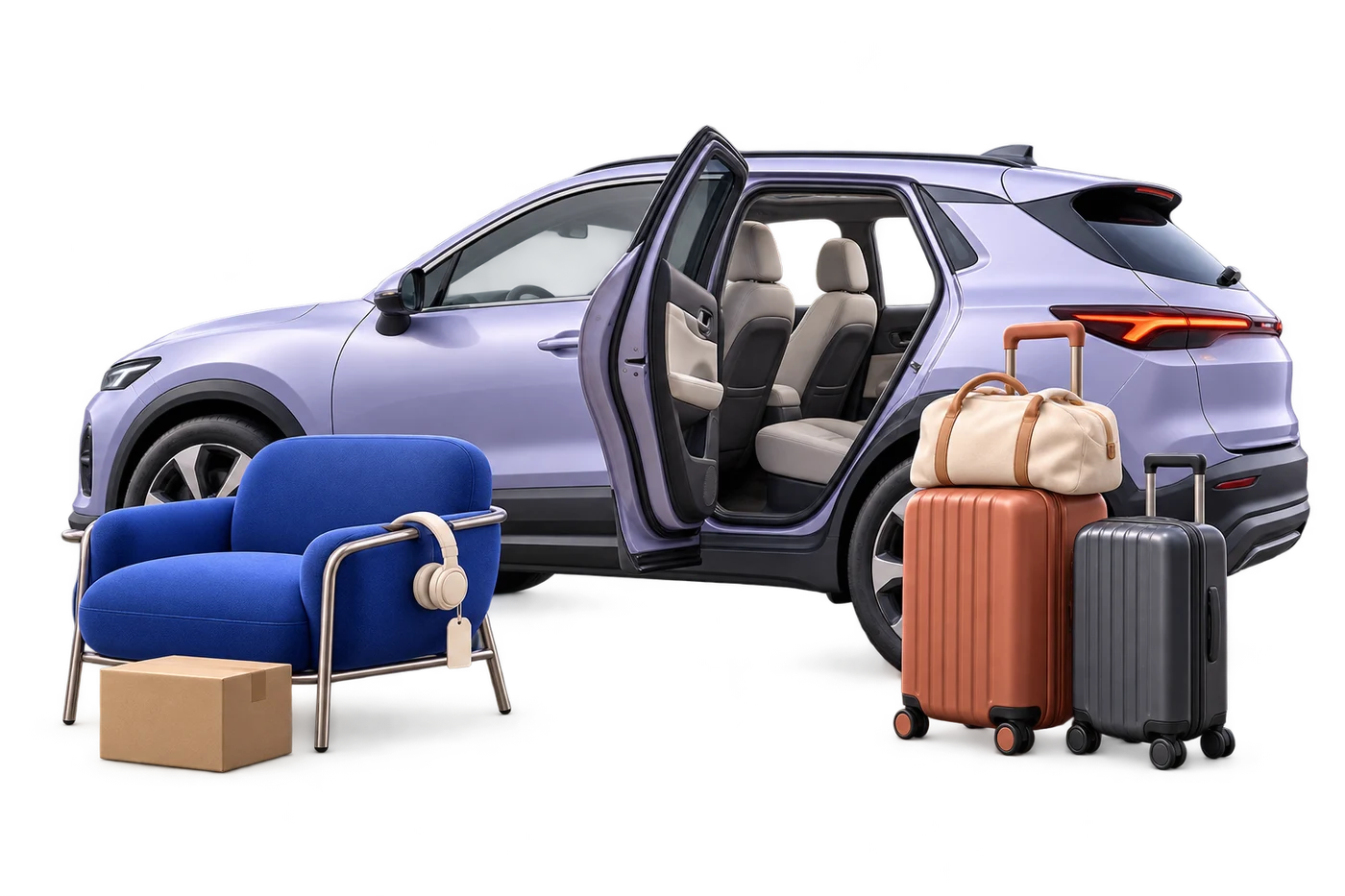 Illustration of commerce and shared mobility: a modern blue armchair with headphones, a parcel and luggage in front of a car with its passenger door open