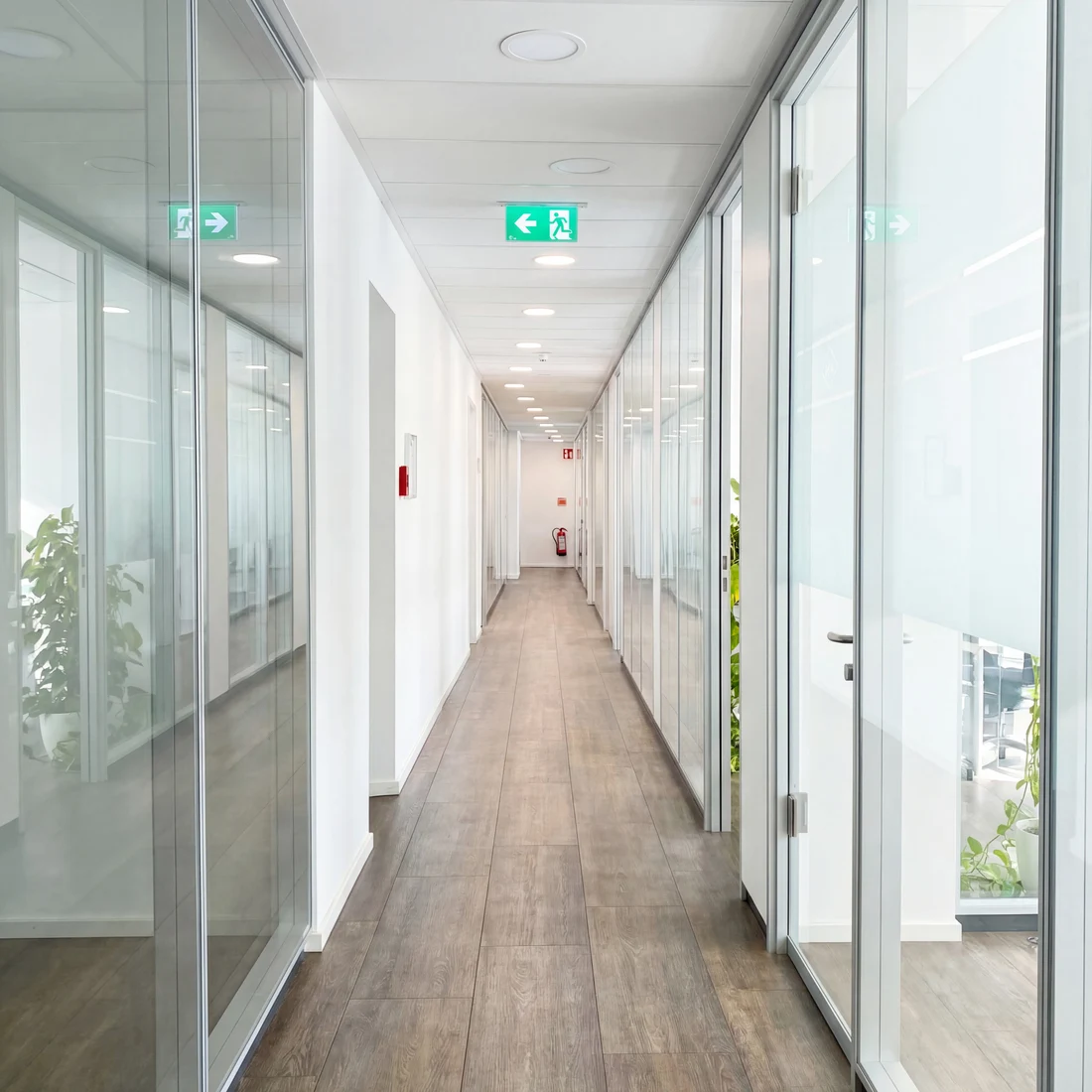A light-filled corridor with glass walls in the VIA X offices