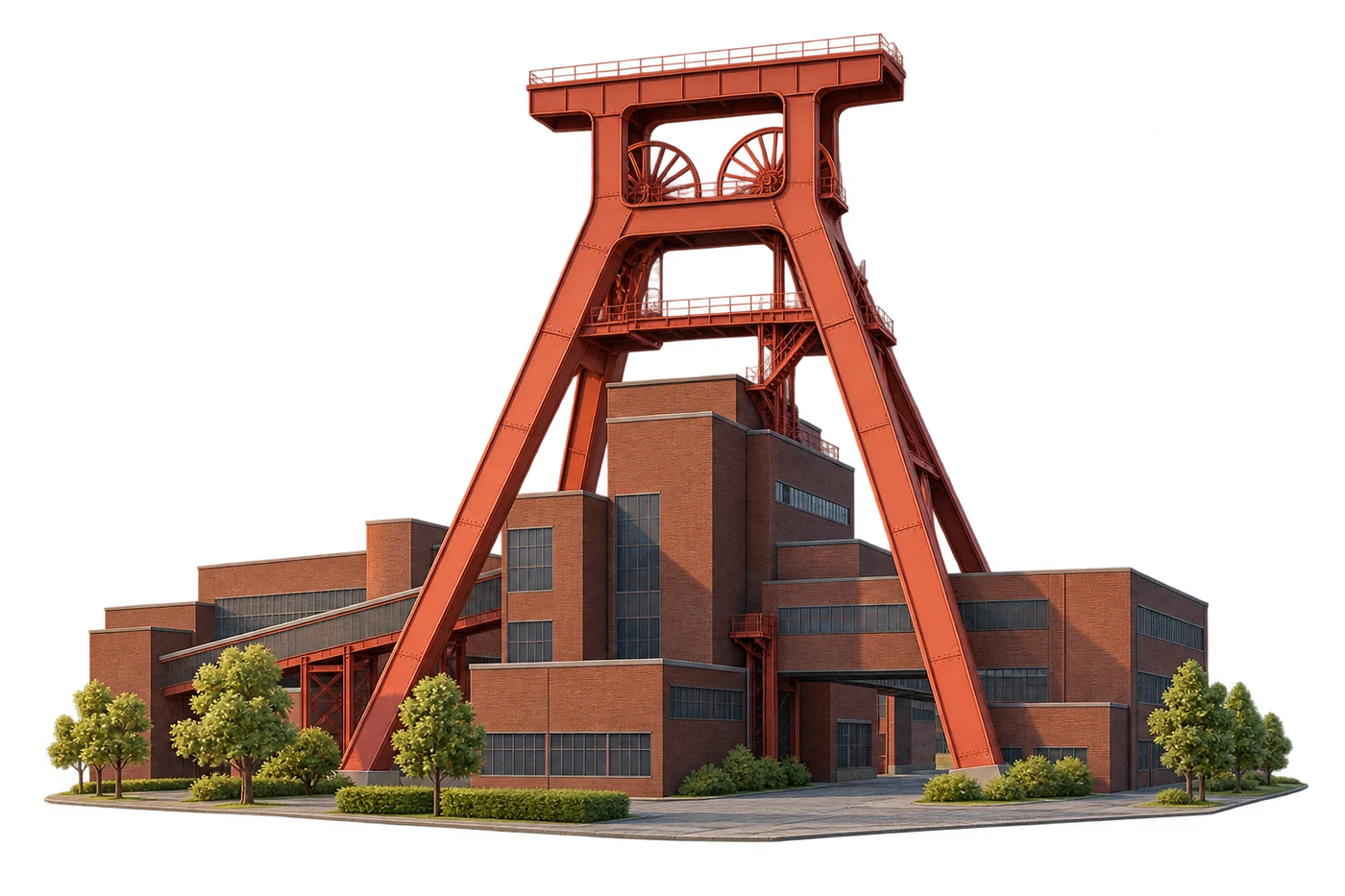 Stylised illustration of the red twin-frame headgear and brick halls at Zeche Zollverein in Essen