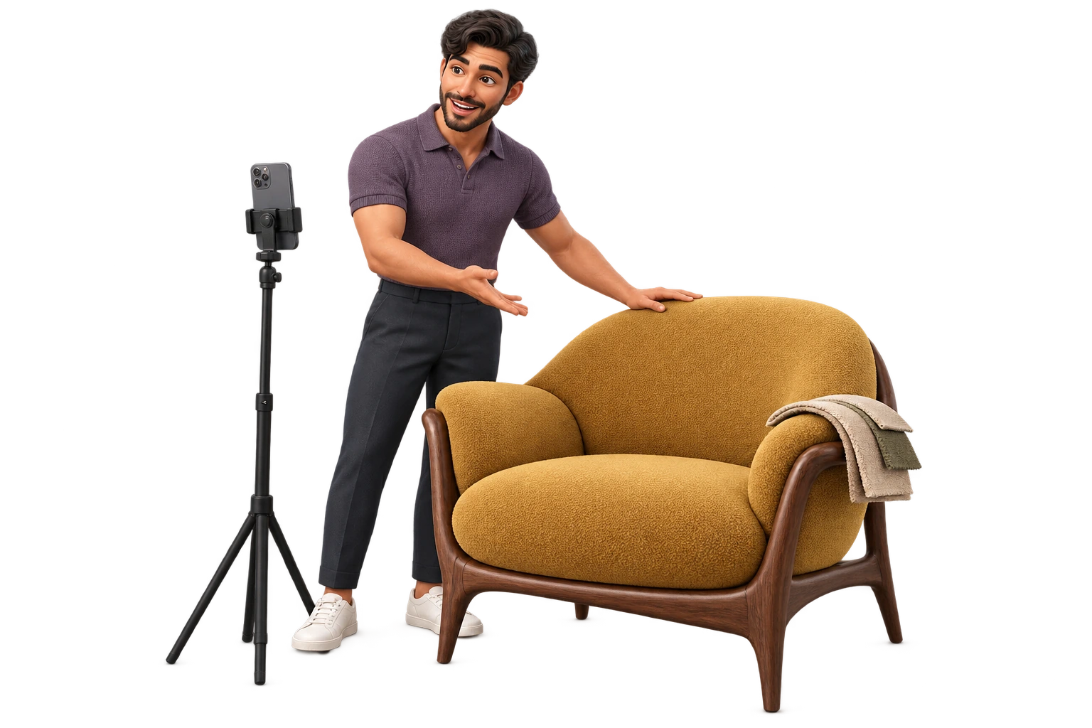 Interior content creator taking a photo beside an armchair