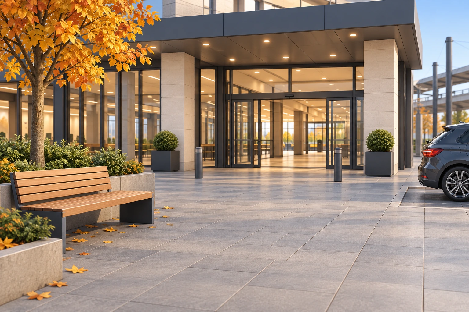 Illustrated meeting point: a bench on a level forecourt