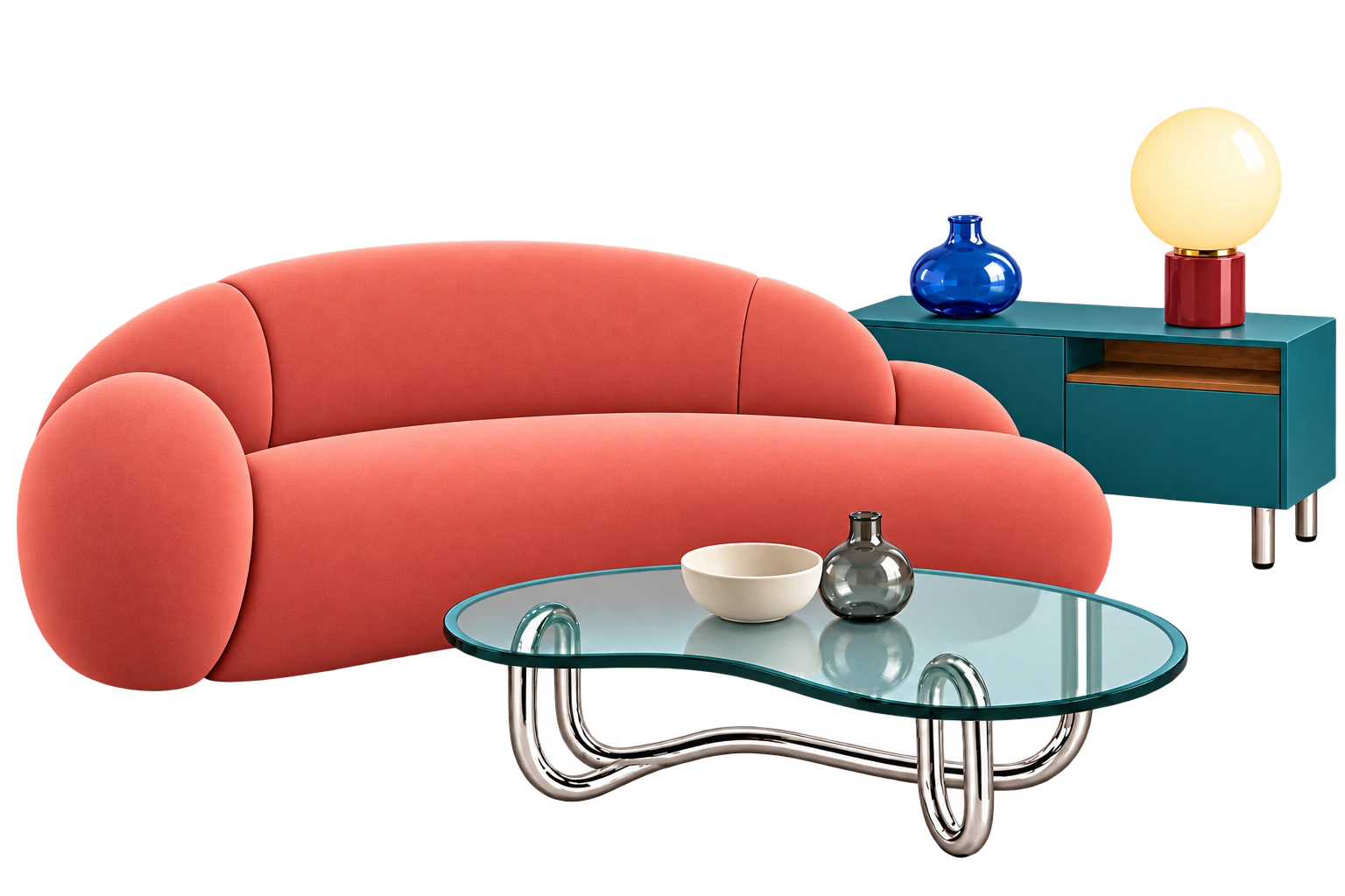 Coral sofa, teal sideboard with a globe lamp and a glass table with understated decoration