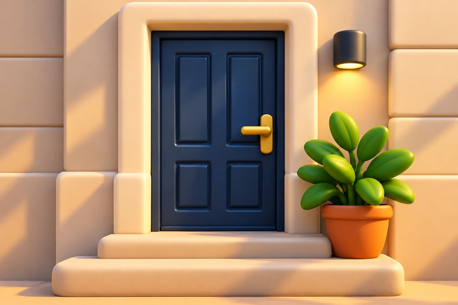 Stylised dark blue front door with a plant to its right